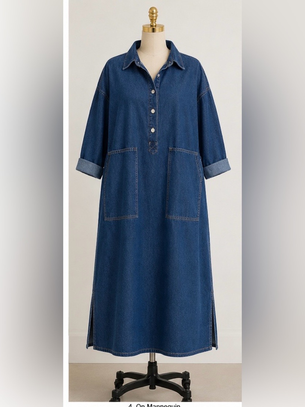 Womens Spring Fall Denim Maxi Shirt Dress Long Sleeve Split Hem Pockets